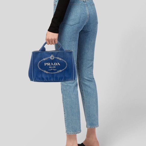 Authentic Prada Denim Canvas Top Handle Bag Blue - Picture 3 of 14